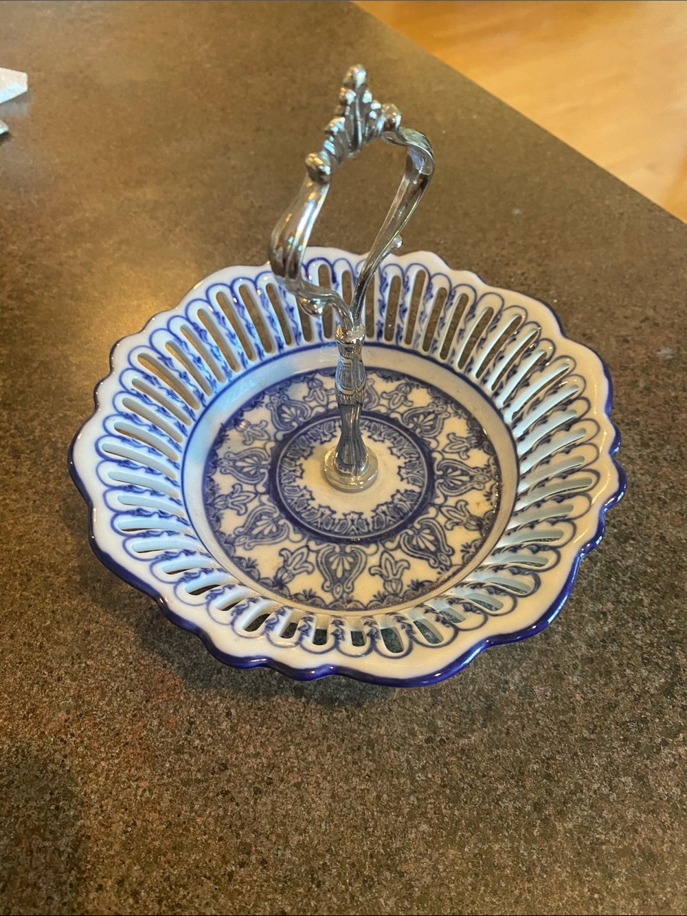 Blue and White Ceramic Two-Tier Handle Dessert Stand